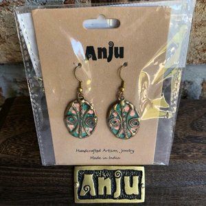 ANJU JEWELRY Brass & Copper Blue/Green Patina Earrings with Spirals, EP238, New